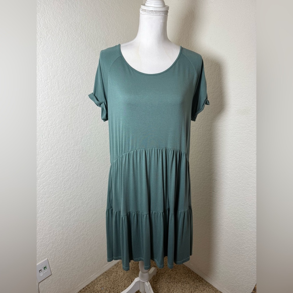 Kori America Blue Green Ruffled Tiered‎ Mini Dress Size Medium Stretchy Boho